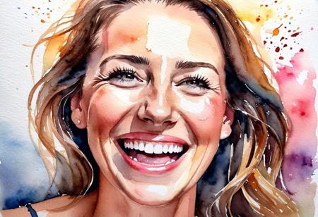 watercolor painting, closeup of a face of a happy satisfeid woman with a thankful smile, sweaty, exhausted, post orgasmic, exhausted after hard work, proud