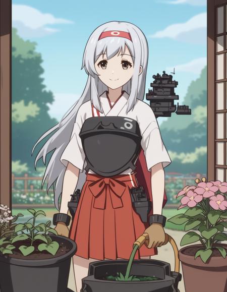 shoukaku, long hair, brown eyes, white hair, grey hair, hairband, headband, shoukaku (kancolle) skirt, gloves, japanese clothes, muneate, red skirt, pleated skirt,