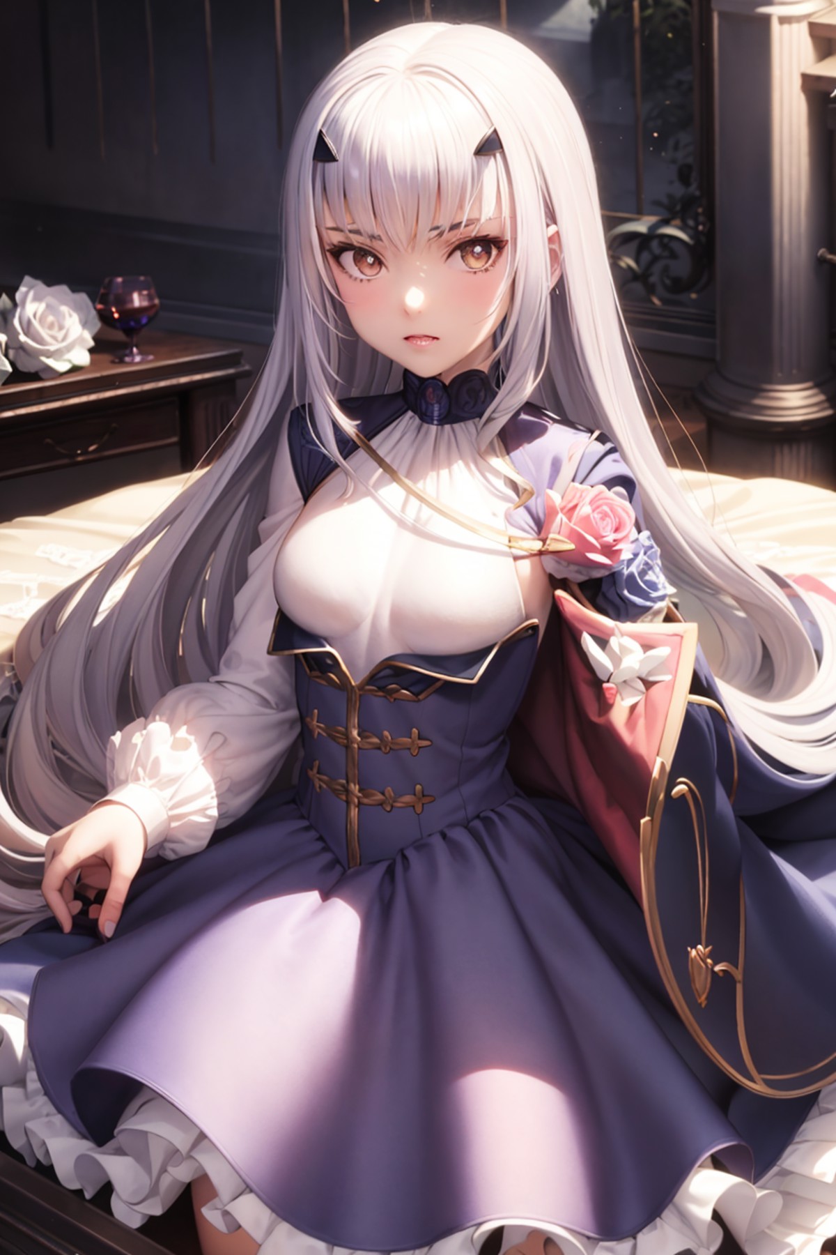 masterpiece, best quality,1girl, fairy knight lancelot (fate), long hair, forked eyebrows, solo, white hair, small breasts...
