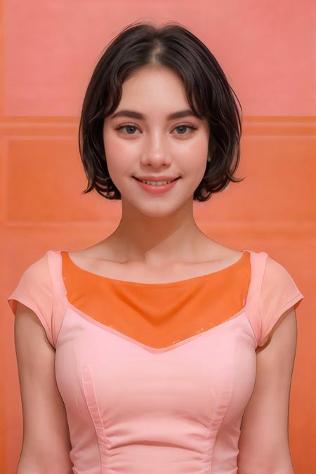 analog film photo solo, gstyle, realistic, ((woman)), (((black hair))), (((happy512))), (((Pink Midi dress, flats:1.5))), ((Simple Orange background:1.5)), ((dynamic pose)), high detailed, 8k, clear facial features, <lora:PAseer-SD15-LCM Quick:1> <lora:ReaLora:.2> skin <lora:GStyle_-_Photography_Style:.4> <lora:IDG_-_Gia:1> iaggirl . faded film, desaturated, 35mm photo, grainy, vignette, vintage, Kodachrome, Lomography, stained, highly detailed, found footage
