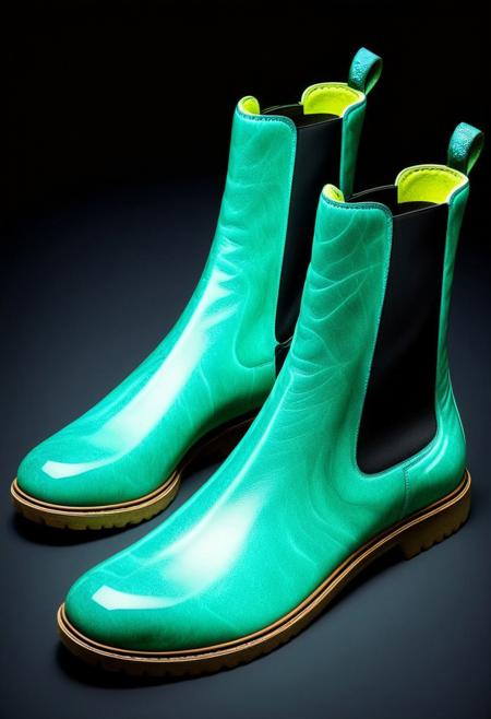 pair of chelsea boots, emeraldmorph, (glowing-neon-green-boots), no humans, black background, smooth obsidian floor