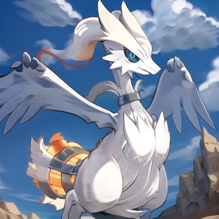 reshiram, standing, arms up, smile, looking at viewer, facing viewer, outdoors, sky, cloudy sky