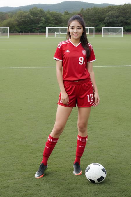 1 woman, beautiful, detailed, full body shot, scenic view
<lora:Soccer Uniform By Stable Yogi:0.5> red soccer uniform, soccer field