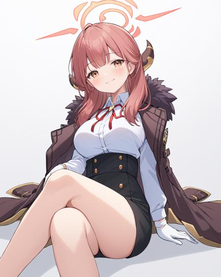 aru \(blue archive\),1girl, solo, halo, horns, white_gloves, black_skirt, blush, fur_trim, breasts, white_shirt, simple_background, white_background, smile, looking_at_viewer, crossed_legs, neck_ribbon, long_sleeves, closed_mouth, sitting, red_ribbon, coat_on_shoulders, shaded_face
<lora:aru_(blue_archive)_image2817_2023-11-25-000009:1>halo. gorgeous,key visual, vibrant, studio anime,award-winning, professional, highly detailed,high budget, cinemascope