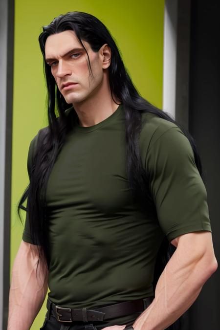 a man long black hair, green shirt, raw, 8k, uhd, upper body, <lora:peterSteele:1>