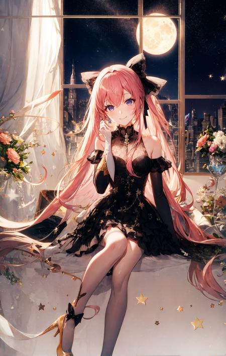 1girl, aurora, bangs, bare_shoulders, black_dress, black_gloves, bow, city_lights, closed_mouth, constellation, crescent_moon, dress, drinking_glass, earth_\(planet\), elbow_gloves, eyelashes, fireworks, galaxy, gloves, hair_between_eyes, hair_bow, hair_ribbon, head_rest, high_heels, jewelry, light_particles, long_hair, looking_at_viewer, milky_way, moon, night, night_sky, piano, pink_hair, planet, ribbon, shooting_star, sitting, sky, skyline, sleeveless, smile, solo, space, space_craft, star_\(sky\), star_\(symbol\), starry_background, starry_sky, starry_sky_print, telescope, very_long_hair, window <lora:style_Rella:1>