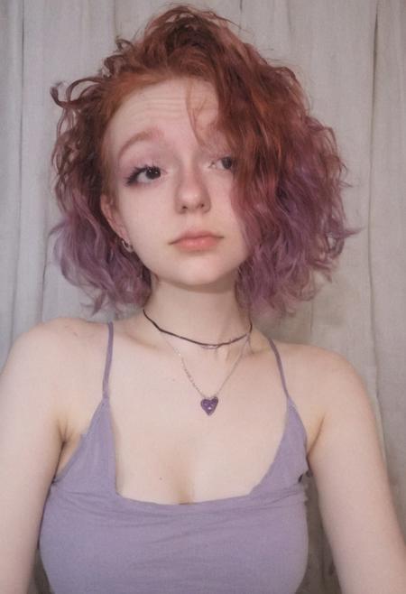 woman, egirl_pfp, polaroid
<lora:egirl_pfp:1>, Molly, MJ, auburn hair, greyish violet tank top, violet spaghetti strap tank top, cleavage, polaroid photo, large boobs