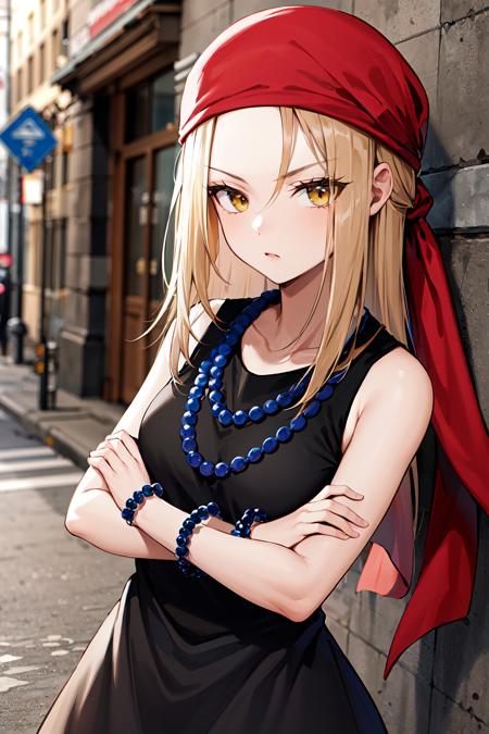 masterpiece, best quality, highres, kaa, yellow eyes, black dress, bead necklace, sleeveless, bracelet, bandana, <lora:kyouyama_anna_v1:0.7>, crossed arms, street,