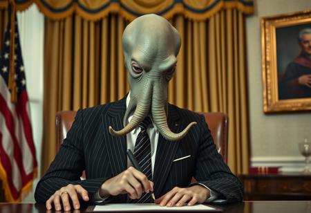 president cthulu in a sharp pin striped suit posing for presidential portrait in the oval office, real photograph, signing bill, empty eyes, lovecraftian, vote for cthulu