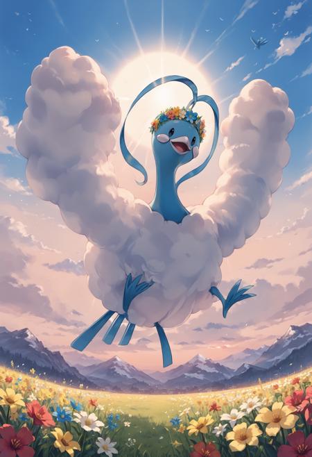 ALT4R14, black eyes, blue feathers, white cloud-like wings, white beak, white cheek patches, bird, blue bird feet, bird tail, blue headfeathers spread wings folded wings