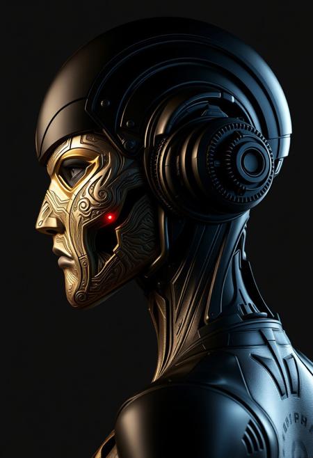 Title: Cybernetic Masked Warrior – Side Profile
Style: Futuristic, sci-fi, high-detail concept art
Perspective: Right-side profile view
Lighting: Strong, high-contrast lighting from behind and above, illuminating the contours of the face with a slight glow
Subject Description:
Head and Face: The character is a humanoid cyborg with a sleek, black mechanical head. The face is covered by a sculpted, ornate metallic mask that appears semi-integrated into the skin. The surface of the mask is highly textured with an intricate pattern resembling circuitry or ancient carvings, blending gold, silver, and iridescent blue highlights.
Facial Features: The mask retains realistic human facial features (nose, lips, brow), but is stylized and mechanical. There's a glowing red mark or light near the cheek, possibly a sensor or a scar-like accent.
Helmet and Machinery: The back and top of the head are encased in dark, rounded armor or helmet plating, embedded with a rotating gear-like mechanism near the ear. This component looks like a high-tech audio or power module, connected with mechanical joints and wires.
Energy Effect: A bolt of cyan-blue energy arcs across the face, from below the chin diagonally toward the headgear, suggesting a surge of power, data, or transformation.
Background: Clean, soft white gradient with faint shadows and smudges, creating a stark contrast that emphasizes the character’s metallic textures and silhouette.