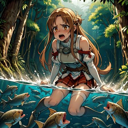 masterpiece,best quality,highly detailed,1girl,solo,scared,panicking,constricted pupils,screaming,raised eyebrows,wide-eyed,crying,tears,
<lora:asuna_(sao)_v1:0.7>, aaasuna,long hair,brown hair,braid,brown eyes,bare shoulders,armor,breastplate,white sleeves,detached sleeves,red skirt,pleated skirt,white thighhighs,
BREAK
<lora:piranha:0.6>,underPartWater,partially underwater shot,partially submerged,afloat,wading,fangs of fish,forest,tree,jungle,river,looking down,(too many evil fish,too many evil piranha, too many evil piranha surrounded),