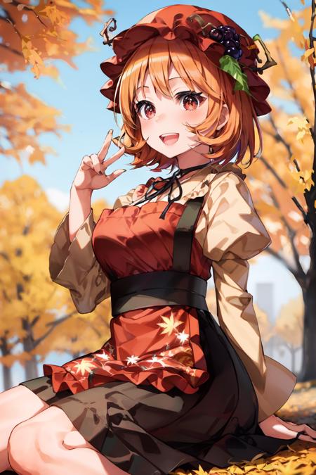 masterpiece, best quality, <lora:AkiMinoriko:1>, <lora:migirl:1>,1girl, aki minoriko, solo, hat, open mouth, blonde hair, red eyes, long sleeves, smile, puffy sleeves, torii, fruit, food, autumn leaves, wide sleeves, juliet sleeves, apron, mob cap, dress, short hair, leaf, tree, grapes, maple leaf, autumn, ribbon, shirt, red apron, :d, sitting, sash, neck ribbon, skirt, red dress, outdoors