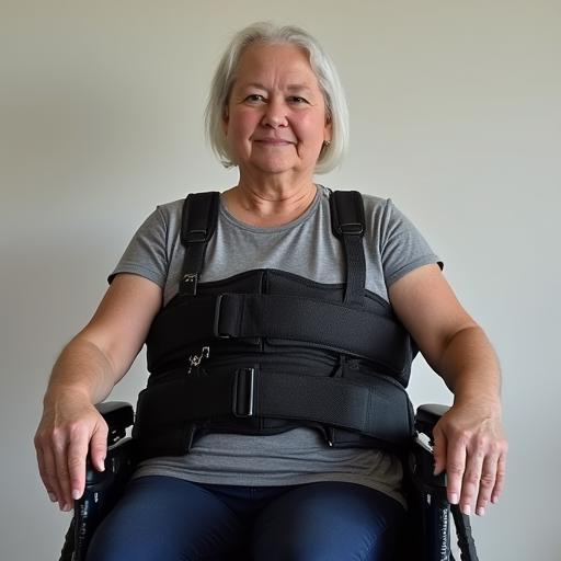 a 40 year old woman wears a two point padded wheelchair belt