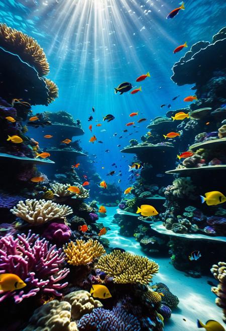 In a stunning tank setup, a mesmerizing array of colorful tank fish swim amidst a vibrant reef, featuring an impressive blend of exotic species. The cinematographic lighting casts a dramatic glow, with voluminous shadows and cinematic highlights that appear to leap off the 12K-resolution display. Lightrays dance across the water's surface, creating a breathtaking sense of depth and dimensionality in this visually striking composition, perfectly framed within a widescreen cinemascope format.