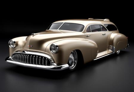 retro-futuristic concept car, inspired by late 1940s Chevy design, bold streamlined body, chrome accents, distinctive Chevy grille with angular vertical slats, large rounded headlights with integrated LED rings, classic yet modern fender lines, jet-age-inspired curves, futuristic yet practical station wagon design, large windows with chrome trim, sculpted rear, unique rounded taillights, subtle aerodynamic fins, elegant yet bold stance, metallic paint, smooth aerodynamic roofline, high-resolution, ultra-realistic textures, timeless beauty with futuristic flair, no chains to the past, bold yet refined American design, (Mercedes elements:-1.8), (bland shapes:-1.6), (unrefined details:-1.5), (sharp angles:-1.6), (overdone luxury cues:-1.4)