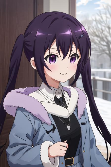 best quality, masterpiece, highres, solo, {tedeza_rize_istheorderarabbit:1.15}, purple_hair, long_hair, twintails, purple_eyes, bangs, hair_ornament, blush, hairclip, hair_between_eyes, closed_mouth, indoors, 1girl, black_shirt, fur_trim, jacket, shirt, day, grey_jacket, outdoors, blue_sky, sidelocks, sky, smile, upper_body, blurry, blurry_background, cloud, bare_tree, depth_of_field, fur-trimmed_jacket, long_sleeves, looking_at_viewer, tree