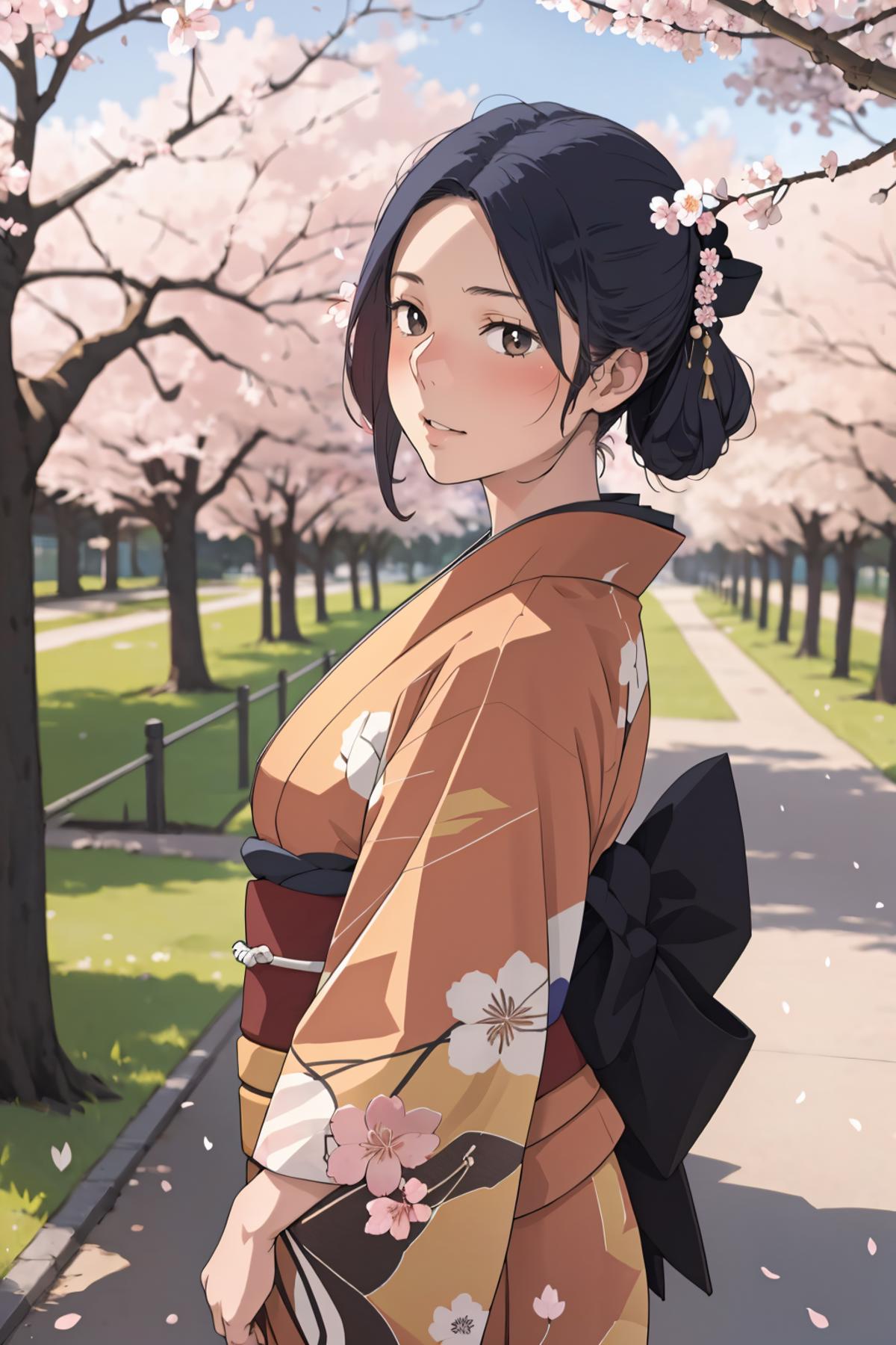 Anime-style illustration of a woman in a kimono walking down a path.