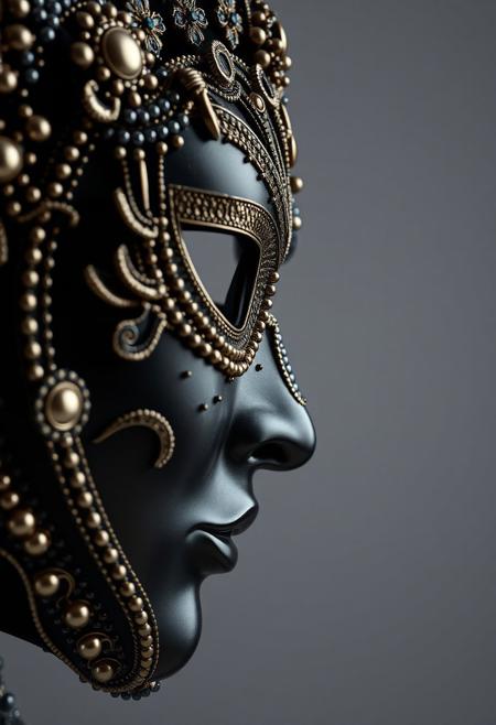 side view, close up shot of an ornamented mask, male core, jewels and black, intricate details, metal, photo realistic, ultra detailed, grey studio background