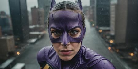 (((aerial view)))  ((from above)) ((fish eye)) ((face closeup)) ((dutch angle shot)), cinematic, heavy rain, rainstorm, analog photograph using a Nikon F6 with strong film grain and bokeh effect, 25-year-old fighting pose, purple and gold Batgirl superhero suit, batman mask,  on a thunderstorm night rooftop ledge, dramatic lighting, gritty, futuristic New York City, noir feel, detailed face and eyes with visible pores and scars, 2077 cyperpunk <lora:face_pony:1>  <lora:wreal_consolidated:1>  marvel movie cinematic, dc movie cinematic