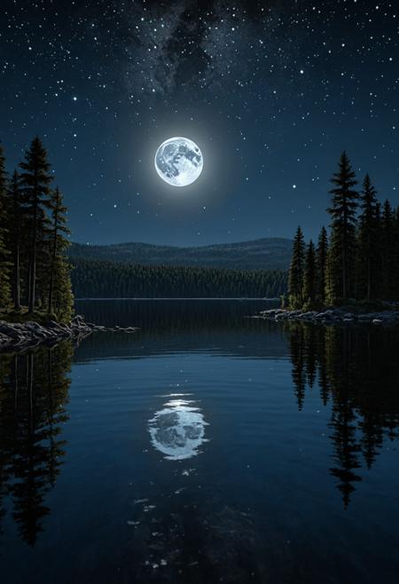 reflection of the moon and stars on the lake, glow from lake, forest, night,
stars, giant moon at the sky, lake, bright light falls on lake, shine on lake,
the dispersion effect, realistic, hyperdetailed painting, photorealistic,
ultra realistic, color black blue, giant lake, 32k render
