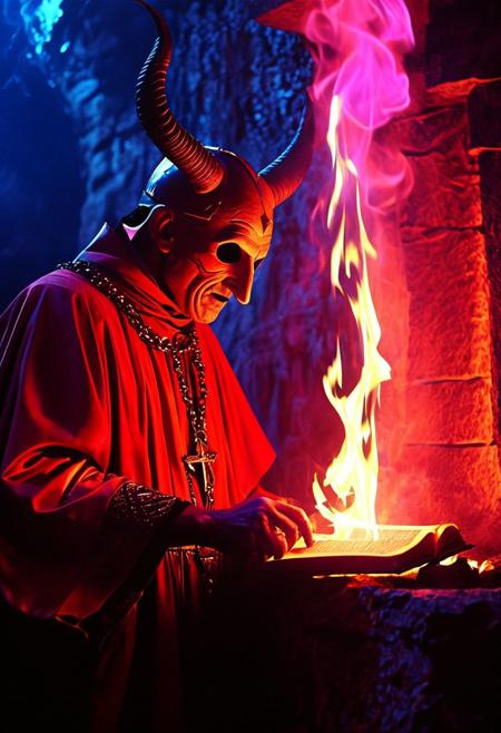 A dramatic portrayal of The Cardinal of Sin orchestrating a ritual in an underground vault, lit by torches that cast flickering shadows on rough stone walls. He wears a mask with horns and is surrounded by acolytes in deep crimson robes. A large, ornate book lies open before him, its pages aglow with a supernatural azure light, as if the text itself were alive., 
in the style of a vintage, high-contrast setting, capture the essence of a campy and sensual satanic ritual. Emphasize theatrical elements with bursts of bright colors against dark, moody backgrounds
,grim landscapes with vibrant exaggerated neon colorful art, 
, old 80's VHS dark fantasy, VHS screen grab, grainy, old footage
