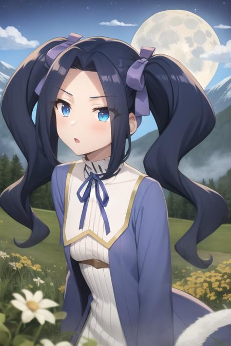 <lora:sh_melty:1> melty, 1girl, blue eyes, eyes visible through hair, hair intakes, bangs, purple hair, bangs, forehead, very long hair, twintails, parted bangs, hair bow, hair ribbon,
dress, long sleeves, blue dress, neck ribbon,
animal, full moon, moon, mountain, nature, no humans, orange sky, outdoors, plant, scenery, sky, tree, original