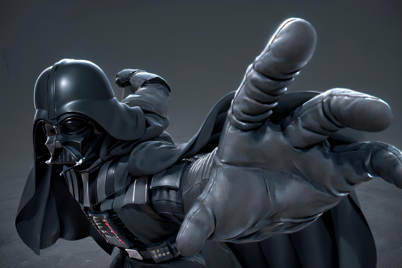 A CGI Darth Vader with his arm outstretched.