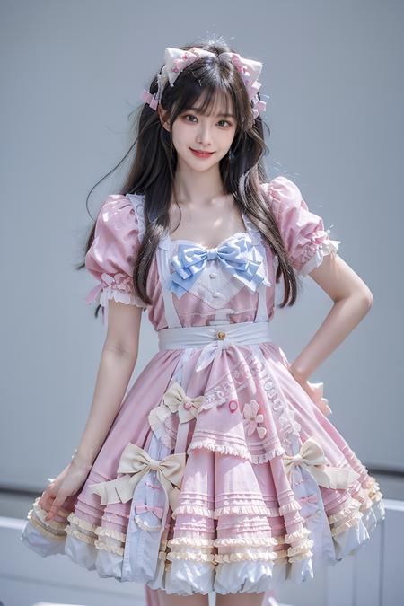 best quality, quality, masterpiece, photorealistic, 1girl, solo, standing, long black hair, straight hair, blunt bangs, looking at viewer, smile, cowboy shot, cyb dress, bow, apron, frills, puffy short sleeves, hair ornament,v,simple background, <lora:sweet_attire_style1_v1:0.65>