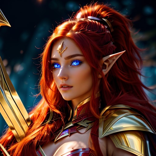 <lora:IrithelMobileLegendsV10Lora-000001:0.8> a woman holding a golden crossbow, red hair, ponytail, light blue glowing ey...