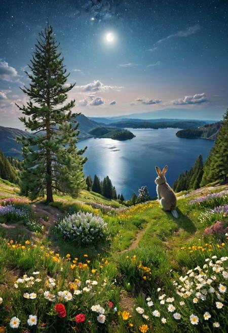 masterpiece, best quality, ultra-detailed, realistic, 8k, pine tree, flowers fields, many kinds of flowers, a couple of rabbits on very distant, lakes, meadows, glitter, moonlight, out-of-this-world scenery, lifelike, naturalism, greatest naturalism photo, immaculate detailed realism photography, rich colors, best colors perfect composition, perfect colors, colorful, clear photo, intrigue nature panorama, delicate nature photo, immaculate micro-details nature elements, (out-of-this-world scenery:1.23), beautiful landscape, beautiful flowers, crystal fantastic, breathtaking beautiful nature, unmatched beauty nature, more nature elements, rich nature elements, beach, (awards winning photography:1.37), trending on artstation, real life photo realistic, perfect proportion, aesthetic, artistic style, surreal, insanely lifelike, top best naturalism photography, greatest detailed, intricate nature details background, depth of field, no human, detailerlora,