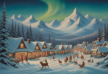 vintage painting of a christmas village at the north pole, aurora in sky, christmas land, elves skiing down a snowy mountain, reindeer standing nearby,