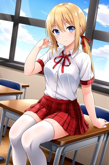 <lora:HuniepopTiffany-v1-06:0.6>, ChopioTiffany, blonde hair, very long hair, low twintails, hair between eyes, hair ribbon, blue eyes, (looking at viewer:1.3), medium breasts, outfit_1, white shirt, collared shirt, short sleeves, neck ribbon, red skirt, plaid skirt, pleated skirt, white thighhighs, zettai ryouiki, underwear, pink bra, pink panties, white thighhighs, cheerleader, confetti, pom pom (cheerleading), red shirt, white skirt, sleeveless, yellow panties,