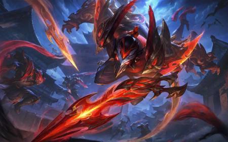 best aesthetic, lolsplashart, zed martial arts tournament, red eyes, 1boy, holding, weapon, male focus, outdoors, sky, teeth, alternate costume, sword, holding weapon, armor, official alternate costume, muscular, night, glowing, colored skin, helmet, muscular male, shoulder armor, gauntlets, glowing eyes, dual wielding, a powerful and majestic dragon soaring through the air, its wings spread wide. The dragon's body is a deep red color, with a long, flowing mane that adds to its regal appearance. The dragon's eyes are bright and piercing, as it gazes out into the distance, ready to defend its territory or protect its kin. The background features a cityscape, with buildings and structures that create a sense of depth and contrast against the dragon's vibrant red hues. The overall effect of the artwork is one of strength, courage, and awe-inspiring beauty.