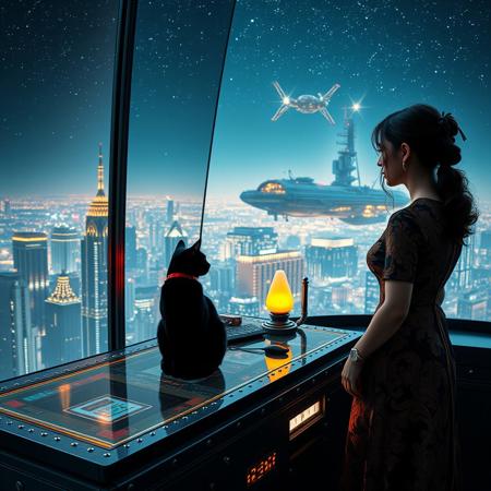 A sleek black cat with red collar sits on a cluttered metal riveted desk with transparent top and micro-LED lighted computer components visible inside, On the desk are a maneki neko statue and a lava lamp, the Black Cat is looking out of a seamless and futuristic floor to ceiling window that looks out at the lights of enormous buildings and cities far below, (((a beautiful woman, 24 years old, is standing next to the desk the cat is sitting on and looking longingly out the window, the woman is dressed in an ornate elegant Chinese style dress. An enormous deco-cyberpunk starship with futuristic lighting and an enormous space station are visible in the background among the stars, The woman's hair is elegantly tied up with a ribbon. Artistic cyberpunk, dynamic perspective, (((overall architectural aesthetic is Art Deco Cyberpunk))).  Epic image that elicits a feeling of wonder and awe, part of the interior is visible,