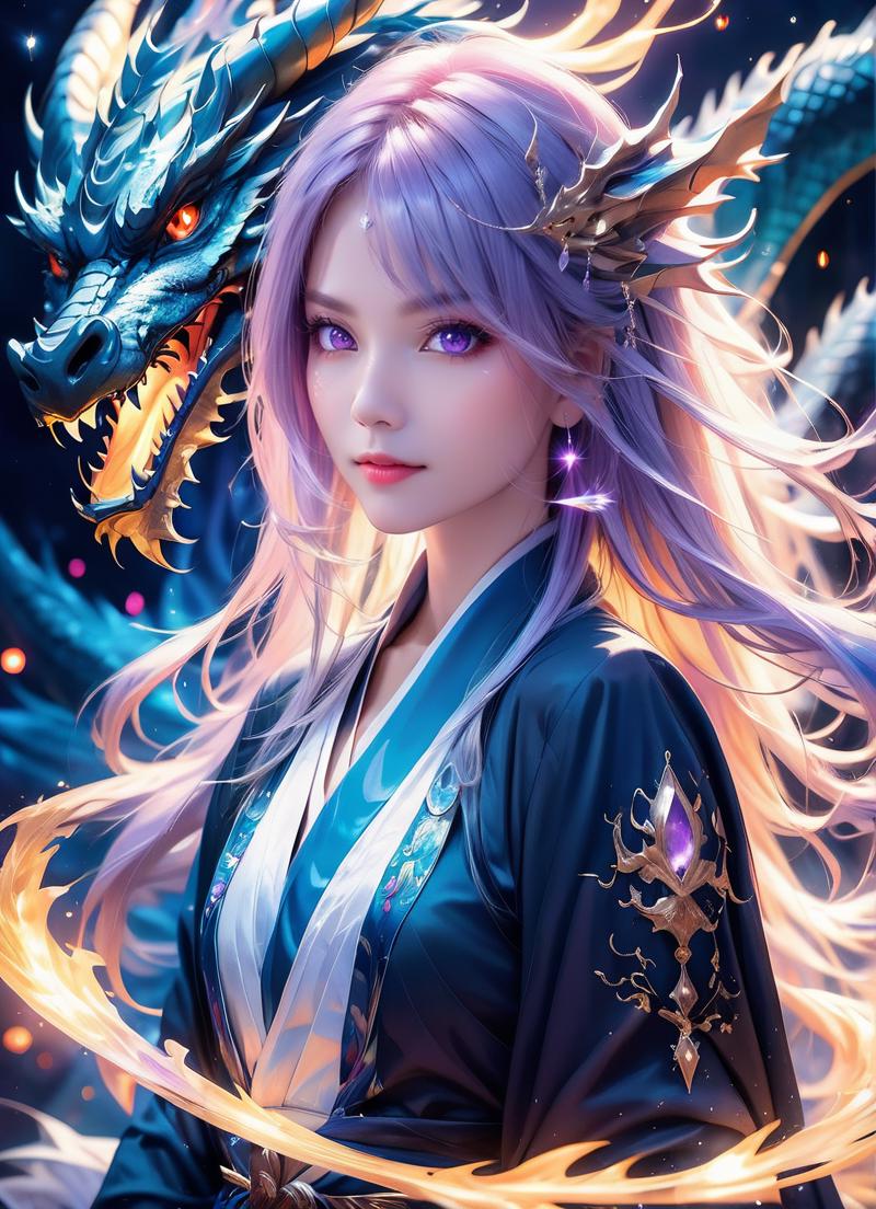 A woman with purple hair and a blue dress stands next to a dragon.