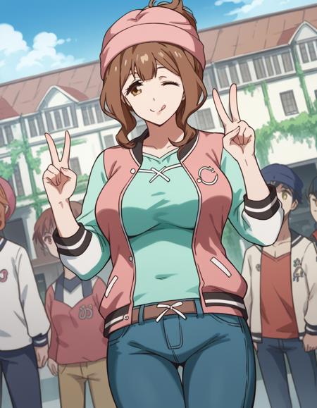 torino kazami, large breasts, brown hair, brown eyes, mature female, folded ponytail, sidelocks, shirt, apron, green shirt, collarbone, pink apron, pants, denim