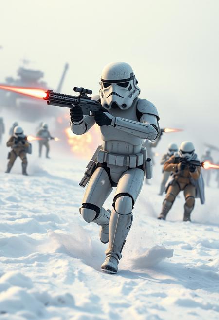 "Hyper-realistic depiction of a Stormtrooper charging into battle on the icy planet of Hoth, blaster rifle at the ready. The trooper's armor is weathered and worn, with snow and ice accumulating on its surface as they sprint across the frozen terrain. The rifle is firing, with a burst of blaster energy illuminating the snowy air as it strikes the Rebel forces. The Rebels, dressed in warm winter gear, return fire with a hail of blaster shots, but the Stormtrooper presses on, undeterred. The snowy landscape is scarred by blaster marks and explosions, with the Rebel base visible in the distance. The atmosphere is intense and chaotic, with the sound of blaster fire and the hum of Imperial machinery hanging in the air. Style: extremely detailed, hyper-realistic, and cinematic, with a focus on capturing the textures, lighting, and dynamic energy of the scene."