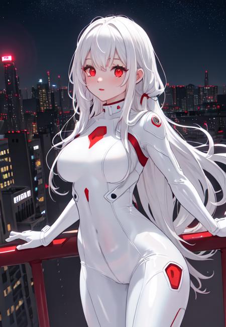 red eyes, white shirt, cityscape, night city, starry sky, neon lights, buildings, skyscrapers, city lights, white bodysuit, white latex bodysuit, glowing eyes, ultra detailed, intricate detail, extremely detailed, 