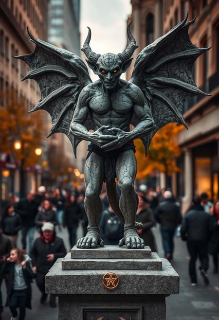 modern-day gargoyle, street performer posing as a statue, urban setting, stone-like skin, intricate details, cracked texture, humanoid gargoyle, standing on a pedestal, realistic costume, wings folded, intense facial expression, deep shadows, high contrast lighting, fall colors in the background, glowing eyes, weathered stone appearance, detailed architecture, city street, crowds in the background, urban landscape, high detail, fantasy realism, mystical atmosphere, surreal proportions, subtle movement, highly detailed, glowing symbols on the pedestal, surreal urban statue