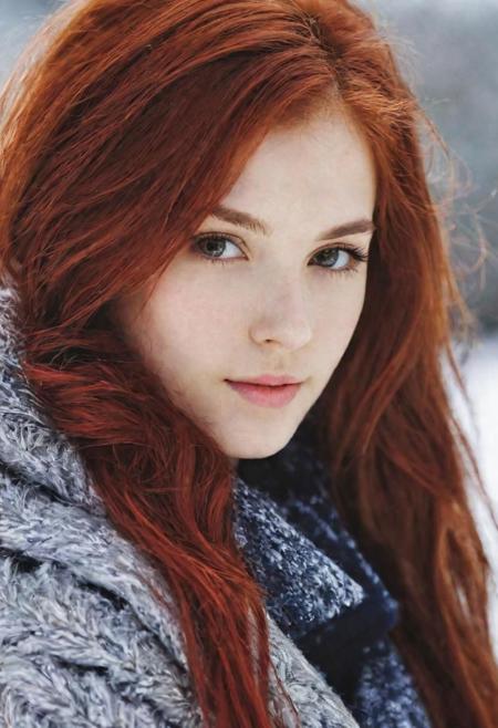 realistic, 1girl, young and gorgeous, red long hair, perfect body, looking at viewer, upper body, soft face, winter season