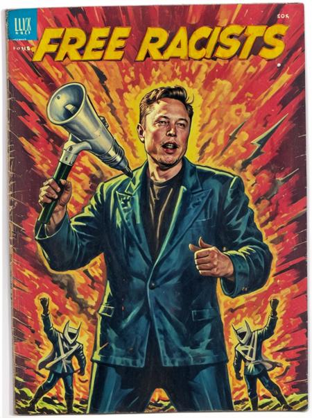 <lora:Wiz-VintageComicBookCover_v01:1.4>,Vintage comic book cover full body illustration of Elon Musk speaking to a megaphone, (title says 'FREE Racists' text logo:1.4) <lora:Harrlogos_v2.0:1.1>,