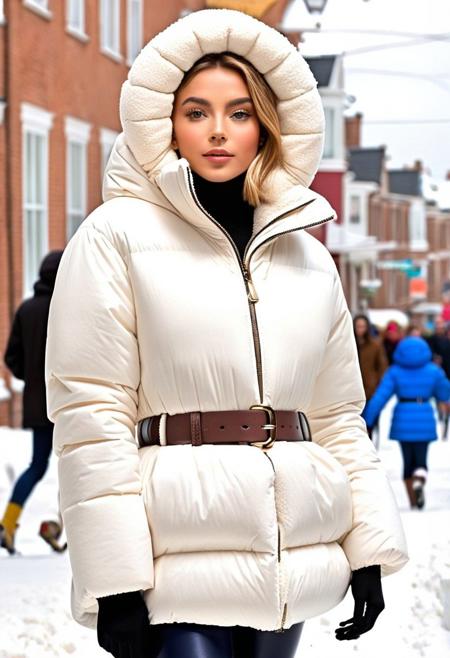 (white Oversized sherpa down coat, white Oversized sherpa puffer coat, white Oversized sherpa winter clothes, very very cold, in cold:1.5), semi-realistic, (full length portrait:1.5), (puffer hood:1.5), (boots:1.5), (tight pants:1.5), (belt:1.5), sharp eyelid, eyeliner, eyelashes, beautiful detailed eyes, tsurime, short hair, blonde hair, wet hair, (wet:1.5), blue eyes, messy hair, sidelocks, perfect anatomy, (walking:1.5), (town:1.5), (street, daytime, snow, winter, cold winter, snowing:1.5), detailed background, highres, best quality, olive skin, android 18, mother, milf, solo, perfect eyes, perfect face, masterpiece, best quality, finely detailed beautiful eyes and detailed face, ultra-detailed, anextremely delicate and beautiful, intricate details, lovely lips, delicate facial features, blush, 8k_resolution, smile, hair tucking,