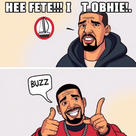 A vibrant and humorous two-panel meme featuring the artist Drake. In the top panel, Drake is seen rejecting something with a disapproving look and a gesture of dismissal. A sailboat icon labeled 'NO BUZZ' is prominently displayed. In the bottom panel, Drake is smiling and pointing, indicating his approval or liking of something. An icon of "BUZZ "is present. The overall atmosphere of the meme is lively and engaging, with bold colors and expressive facial expressions., vibrant, illustration, typography