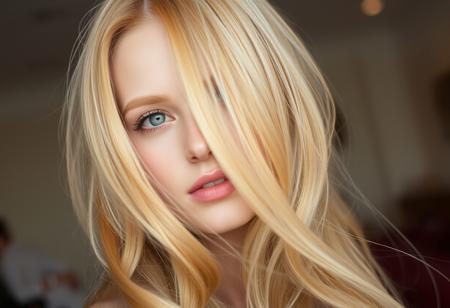 long shot, - , A captivating young woman with long, golden blonde hair cascading effortlessly over her shoulders poses in a softly lit indoor environment. Her hair has a glossy sheen, catching the light and emphasizing its smooth texture and volume. Her face is beautifully framed by her flowing locks, highlighting her symmetrical features and radiant complexion. She has delicately arched eyebrows and piercing, light-colored eyes that are accentuated by subtle makeup, including long, defined lashes and a soft gradient of eyeshadow.