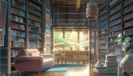 a cozy library, by Makoto Shinkai, clean intricate highly detailed 4k wallpaper