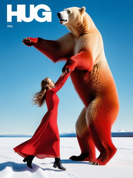 <lora:06NatureArt_Hap_XL:3.9>, Albert Bierstadt style, magazine cover, side view, a woman in a long dress jumping forward next to a hug red polar bear with , white solid background, Leica S3, prime lens,