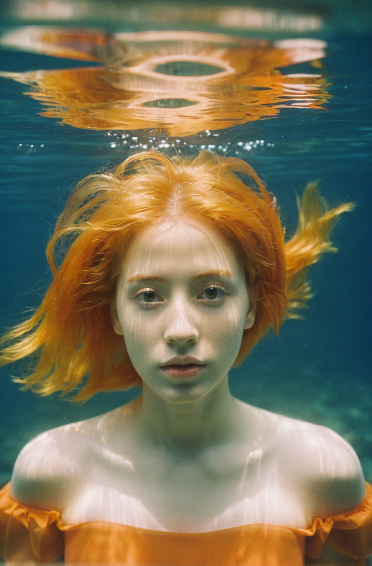 1girl, underwater, afloat, soft natural lighting, orange hair, off-shoulder dress, aesthetic, film grain texture,analog ph...