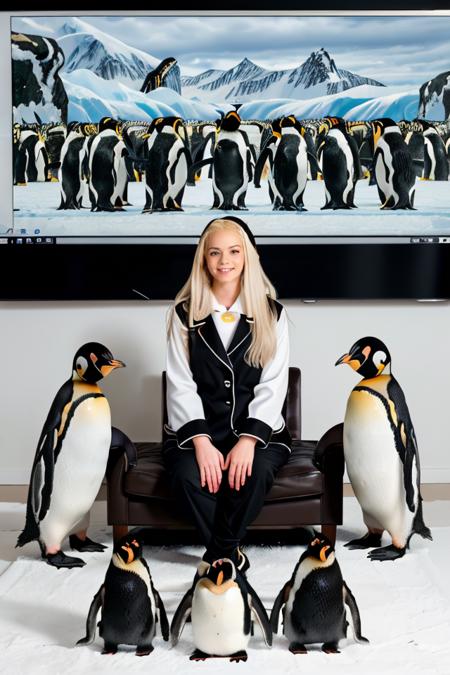 (((1girl surrounded by multiple penguins:1.2))) Professional photograph, long angle shot of 25 year old blonde woman <lora:quiron_ElsaJean_v1_lora:0.6>, elsajeanquiron she's wearing a full body cute pyjamas. She's sitting on a long couch in a white-walled living room, homely background. ((there are penguins behind her and at her sides)). (((multiple black penguins around her))), absurdres, highrest, 8k, masterpiece, highest quality, masterpiece, award winning shot, comical picture, funny vibes.