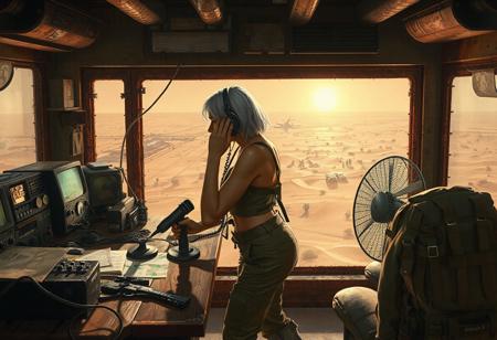 A digital painting in a realistic, cinematic, retro-futuristic sci-fi style. Interior of a military radio transmission and observation tower. A female operator leans forward over a rugged wooden-and-metal desk, gripping a vintage tabletop microphone with one hand and holding professional over-ear headphones to her ear with the other. She wears informal, survivor-style military gear: a sleeveless, loose-fitting crop top and worn tactical pants, with scuffed combat boots. Her silver-gray hair falls to the side, and she's seen in profile, focused intently on the transmission. The room is cluttered with analog military radio gear, softly glowing radar screens, tactical maps, binoculars, firearms, and a slow-spinning metal desk fan. A rugged military backpack lies nearby. Behind her, a reinforced window with rusted metal framing reveals the exterior: the base’s infrastructure with hangars, marching soldiers, and armored vehicles, all under a harsh sun. Beyond the base, endless desert dunes stretch out with sparse desert vegetation—scrub bushes, dry grasses, and isolated cactus-like plants. A distant oasis shimmers on the horizon. Warm interior lighting contrasts with the blinding heat and brightness of the outside. The atmosphere is dusty, tactical, cinematic, and filled with quiet intensity.